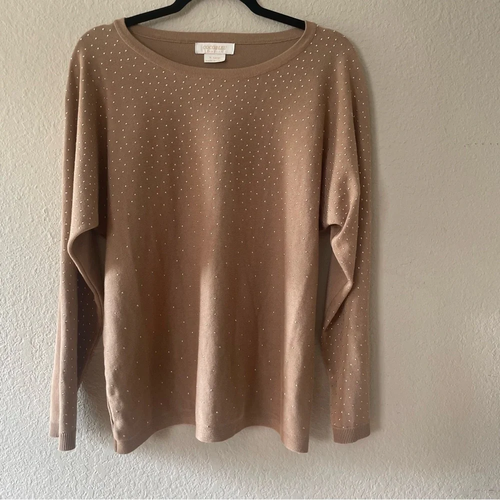 Cocobleu woman's brown rhinestone sweater top size XL brown pullover lightweight - Picture 3 of 11
